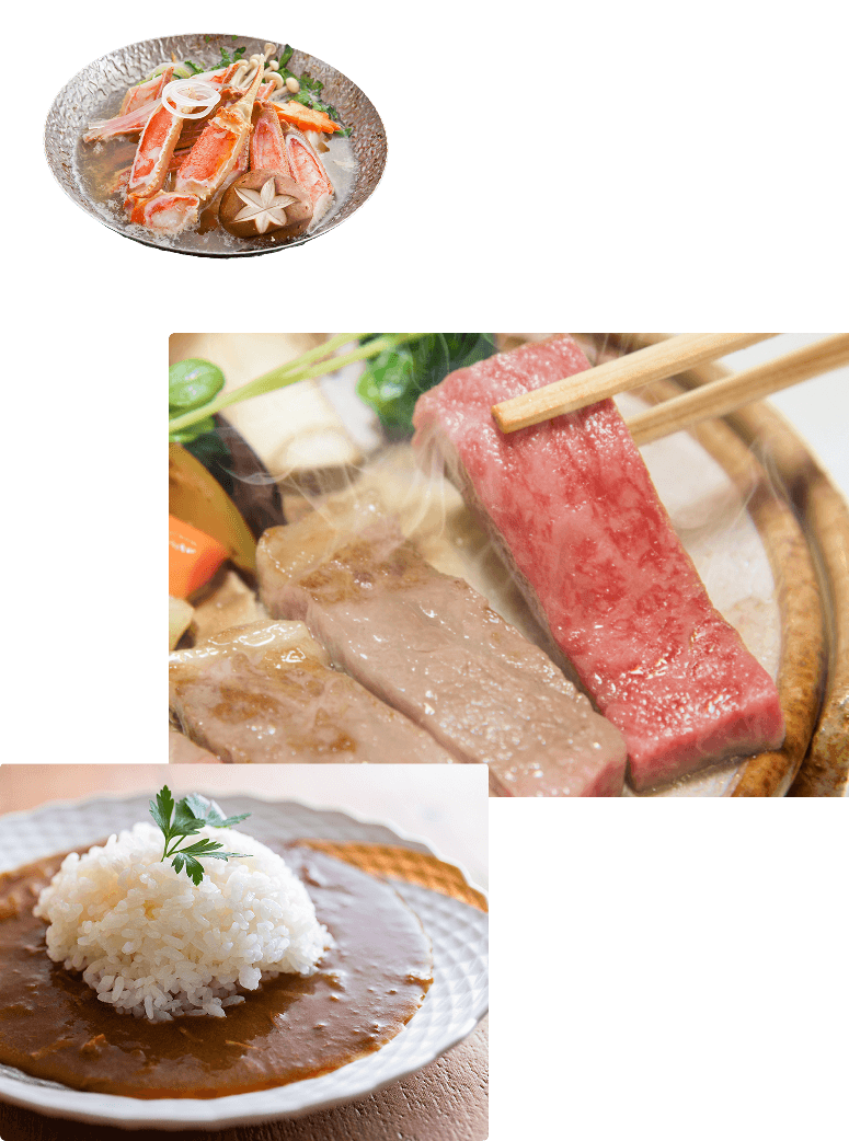 蟹鍋と但馬牛のステーキとカレー