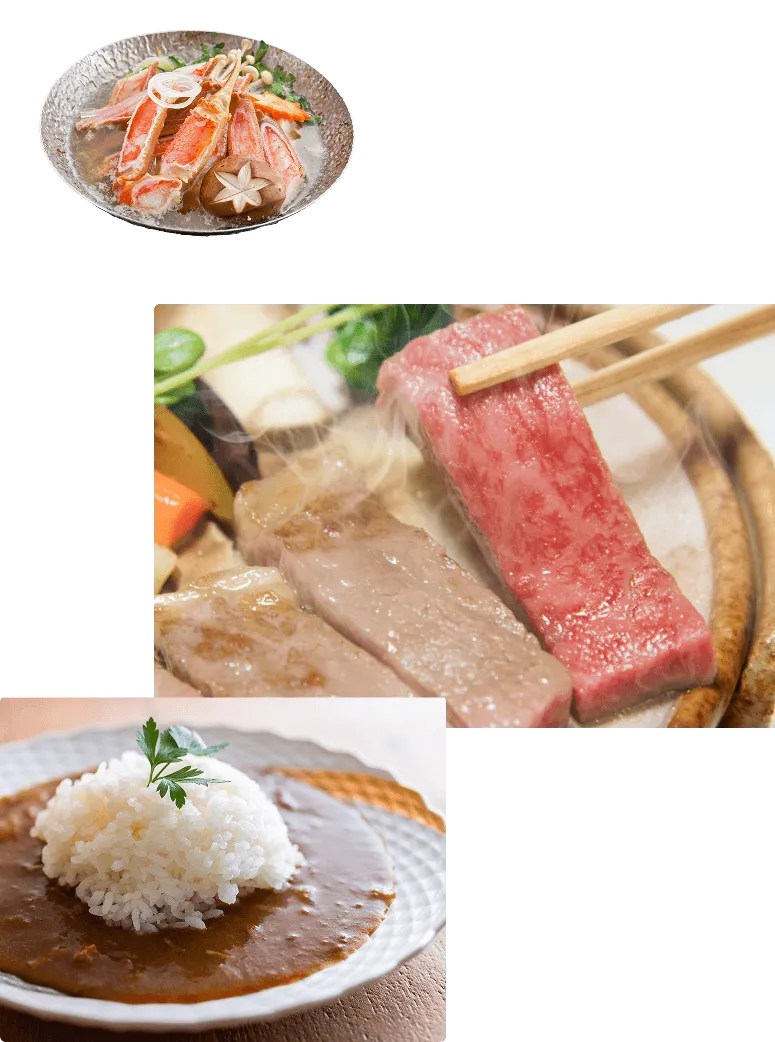 蟹鍋と但馬牛のステーキとカレー