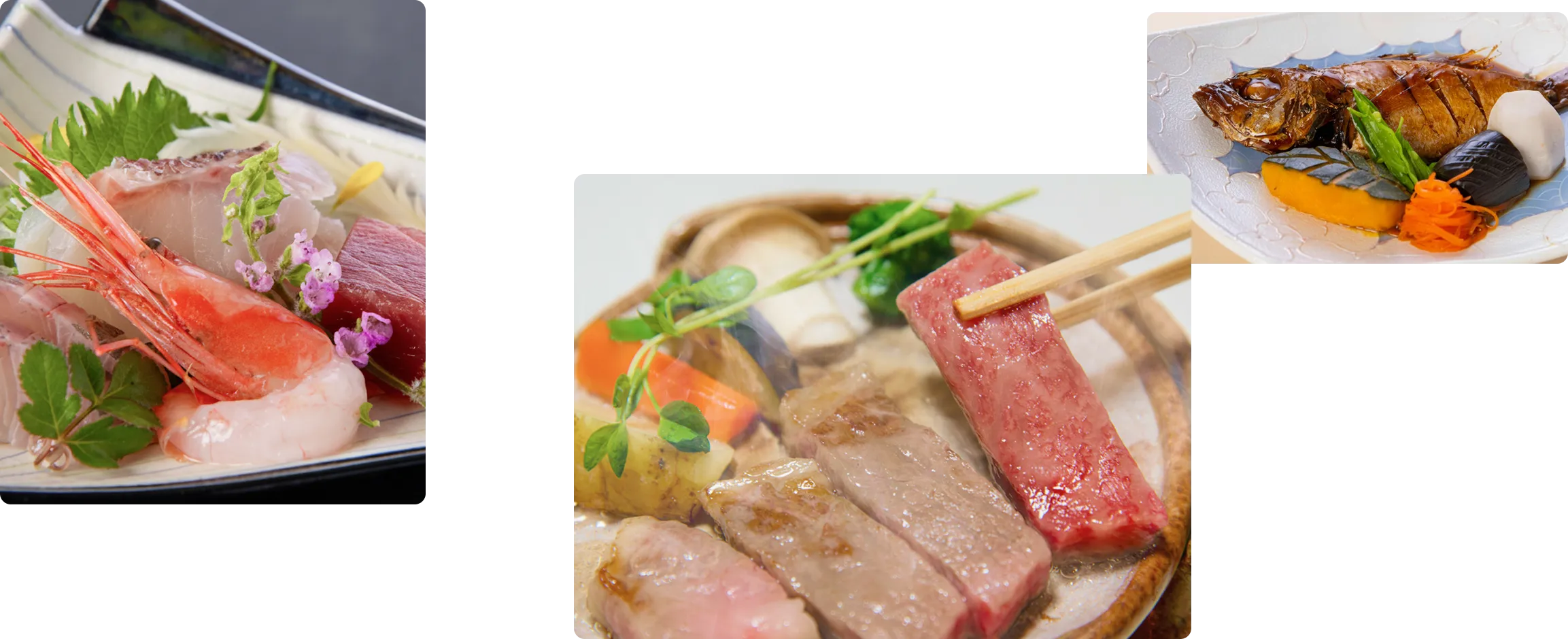 夕食で出される刺身、ステーキ、のどぐろの煮付け
