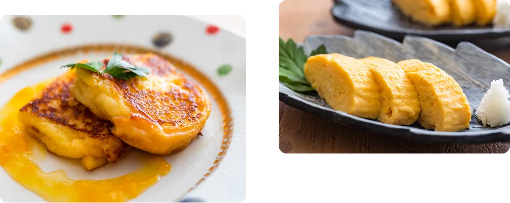 ライブキッチンで作られたおフレンチトースト、だし巻き