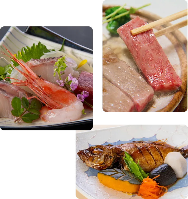 夕食で出される刺身、ステーキ、のどぐろの煮付け